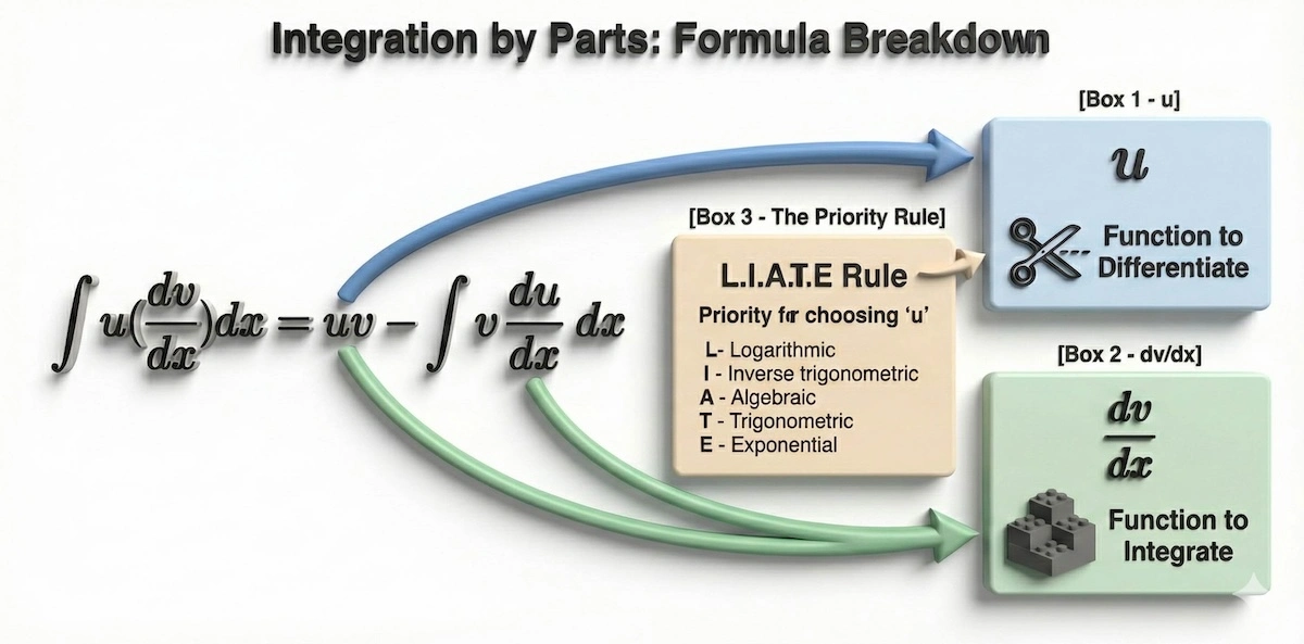 Integration by Parts formula breakdown showing u, dv/dx, and the LIATE rule for A-Level Maths students.