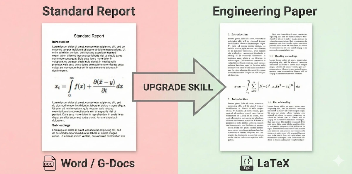 Visual comparison showing the difference between a standard Word document and a professional LaTeX engineering report with structured formatting.