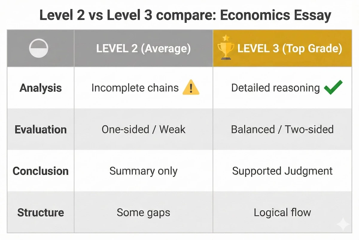 Comparison table of A-Level Economics essay grades. Level 2 (Average) features incomplete analysis and one-sided evaluation. Level 3 (Top Grade) features detailed reasoning, balanced evaluation, and supported judgments.