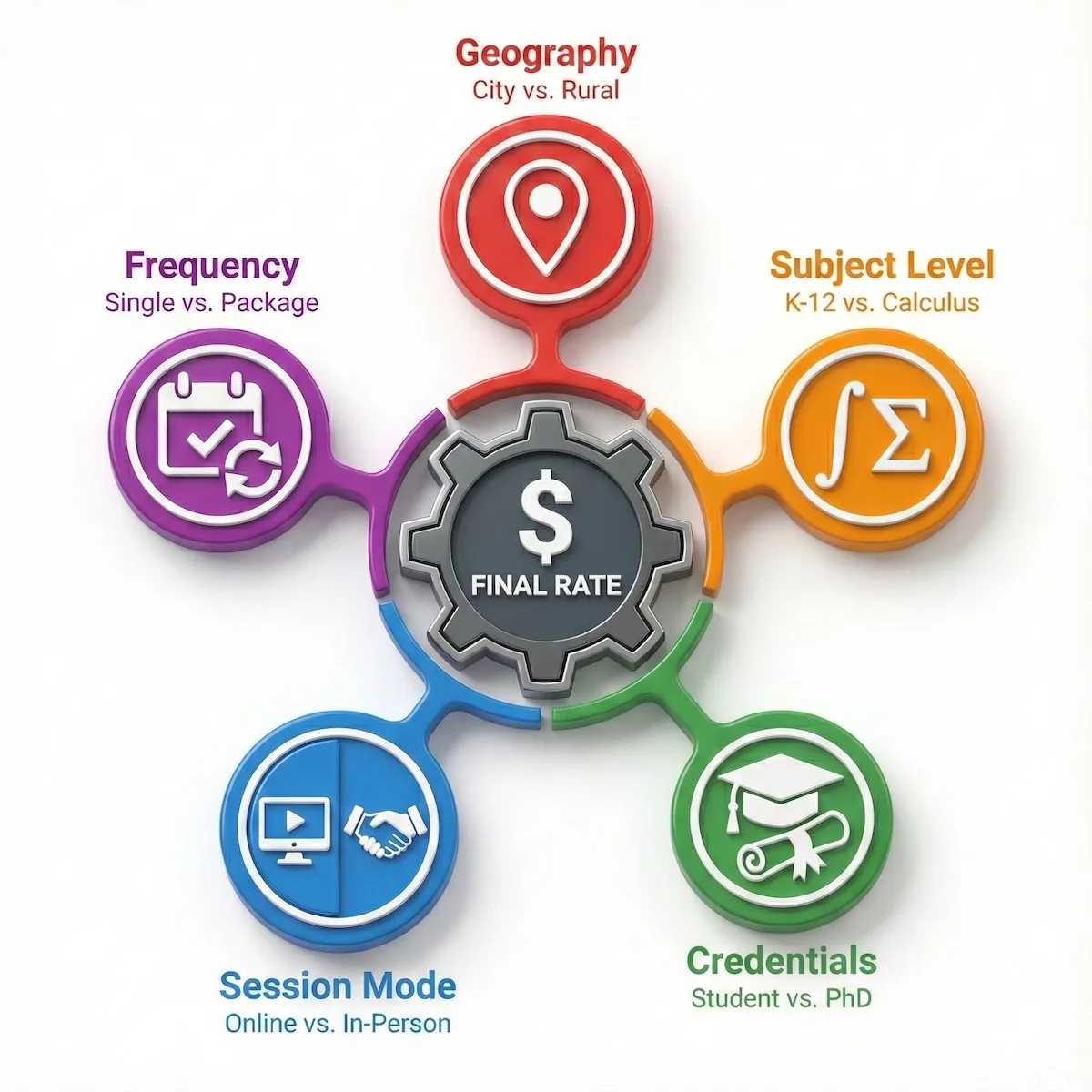 Diagram illustrating the five key factors influencing math tutor rates: geography, subject complexity, credentials, session mode, and frequency.