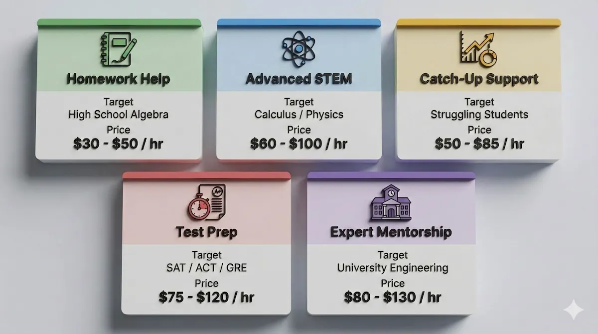 Pricing menu showing fair math tutor rates for five scenarios: homework help, advanced STEM, catch-up support, test prep, and university mentorship.