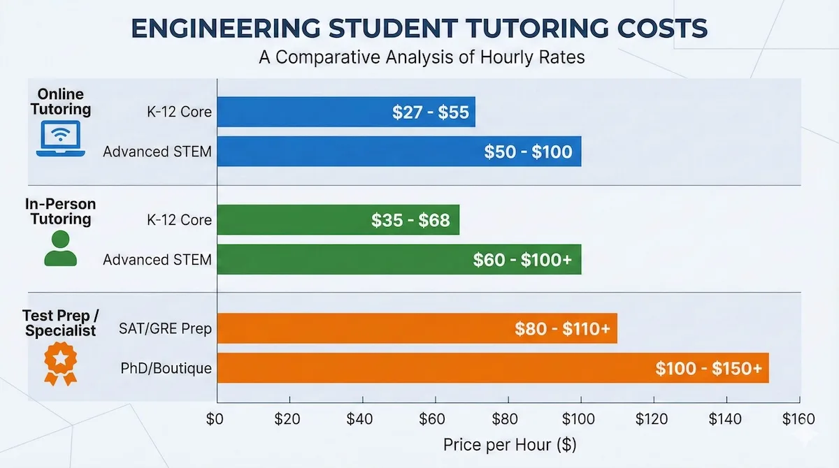 Bar chart showing 2025 math tutor cost benchmarks comparing online, in-person, and specialist rates ranging from $27 to $150+ per hour.