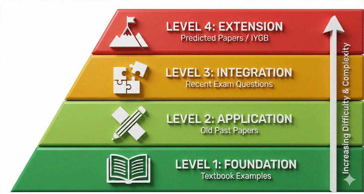 Pyramid diagram showing 4 levels of A-Level Maths practice: Foundation, Application, Integration, and Extension.