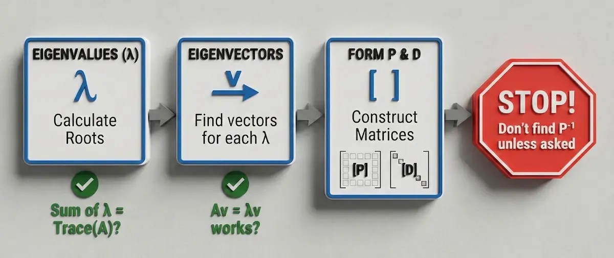 Matrix diagonalization algorithm infographic showing 4 steps: Calculate Eigenvalues, Check Trace, Find Eigenvectors, Form P and D, and Stop.