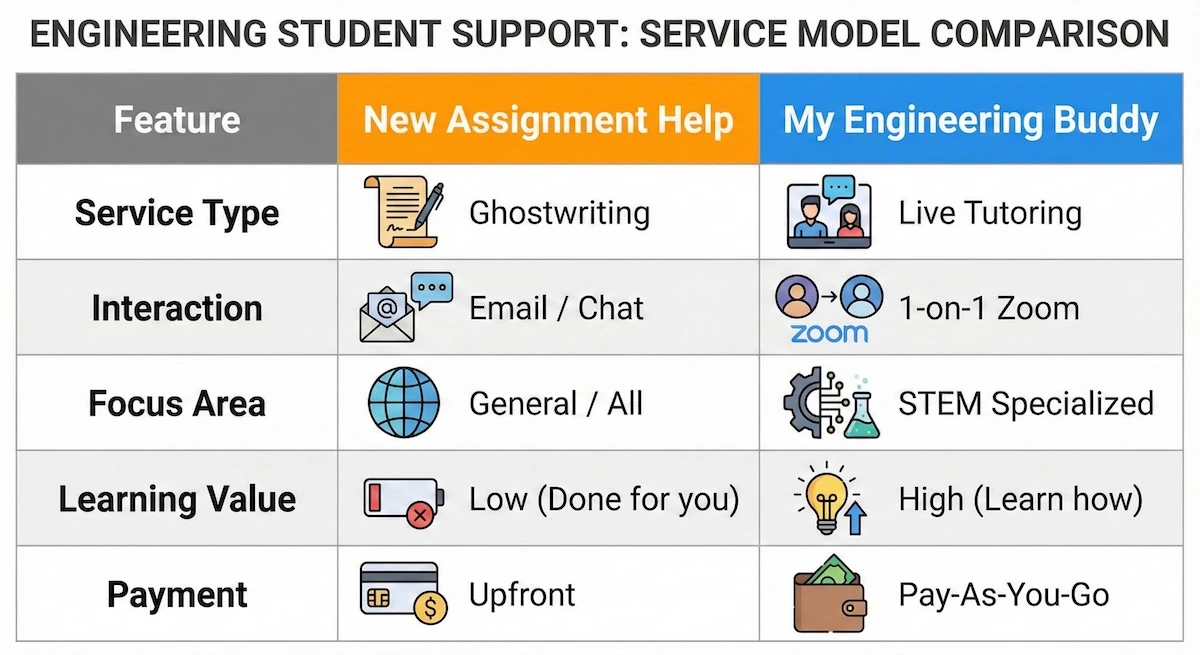 Comparison table showing New Assignment Help (writing service) versus My Engineering Buddy (live STEM tutoring).