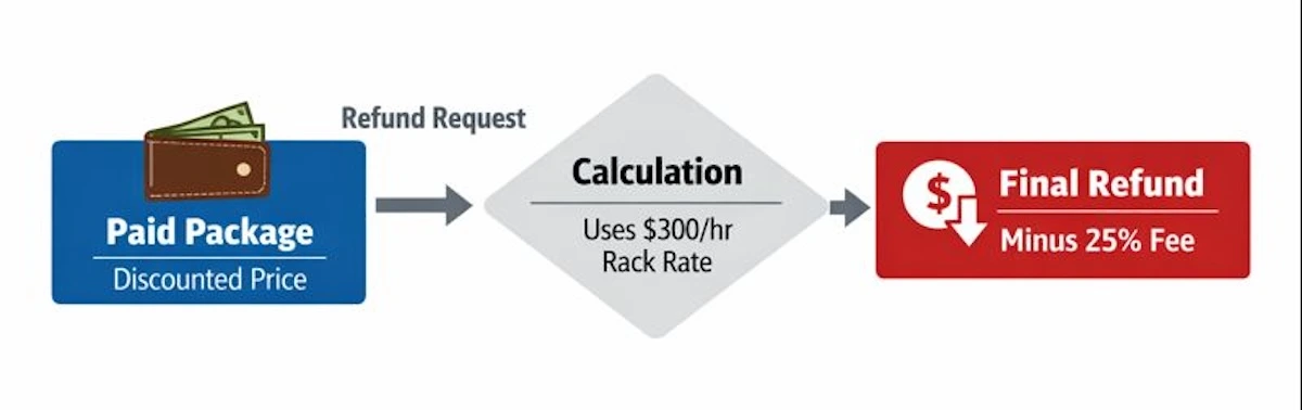 Flowchart explaining Method Learning's refund process and how the $300 rack rate impacts final returns.