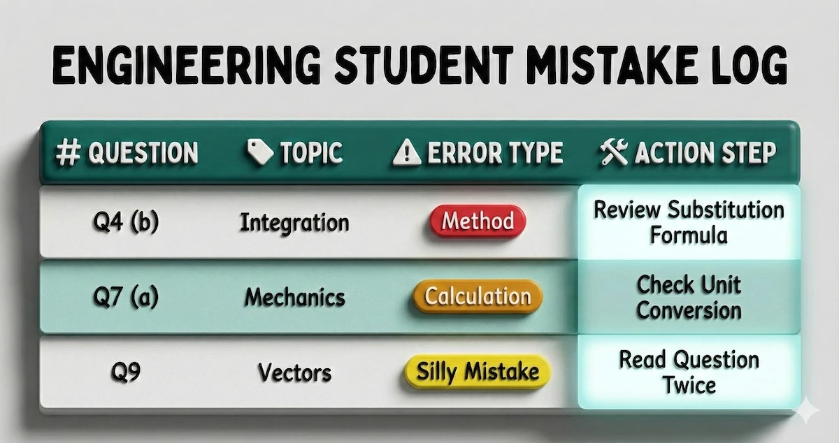 A template for a student Mistake Log showing columns for Question Number, Topic, Error Type (Method/Calculation), and Action Steps.
