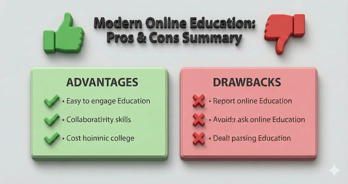 Summary card listing Pros (Named tutors, personalization) and Cons (Hidden pricing, no free trial) of Modern Online Education.