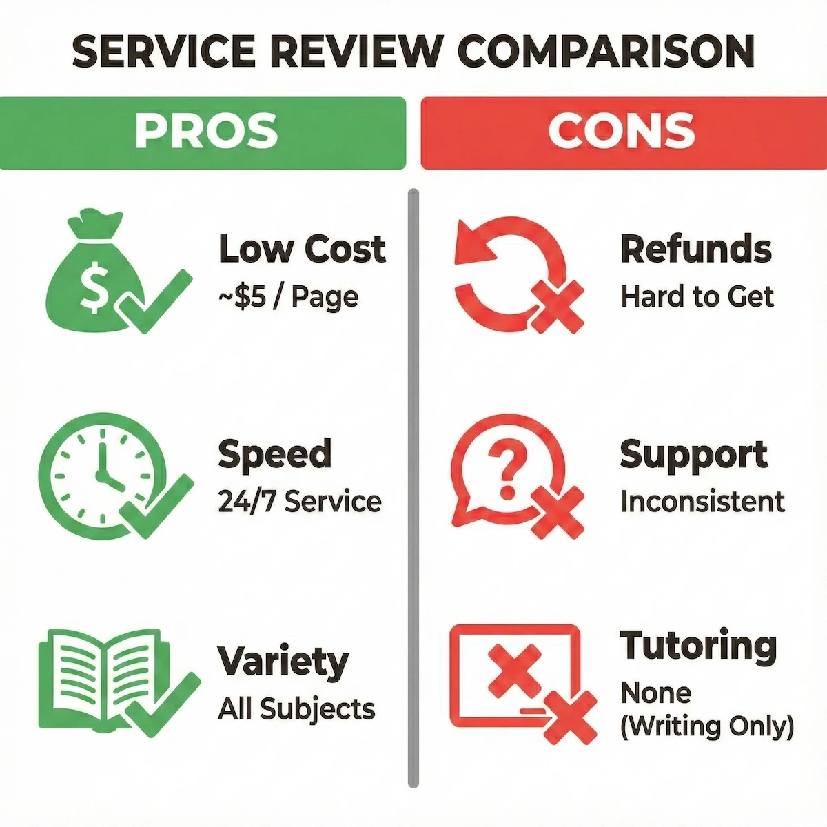 Pros and cons of New Assignment Help: Low cost and speed vs difficult refunds and lack of live tutoring.