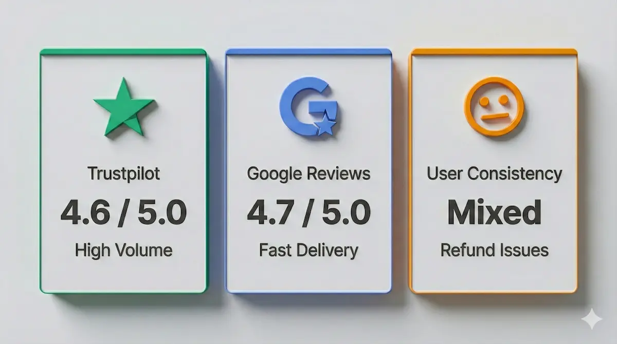 Dashboard showing New Assignment Help ratings: Trustpilot 4.6/5, Google 4.7/5, and mixed user consistency regarding refunds.