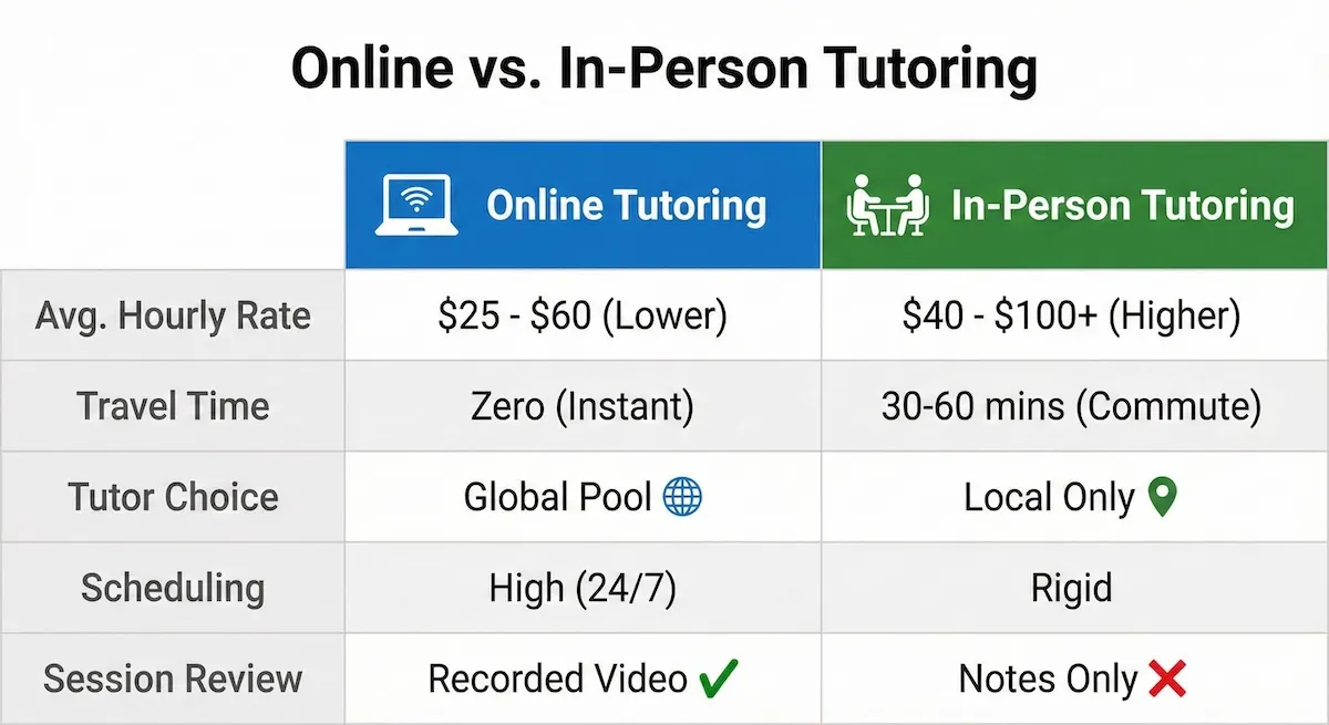 Comparison table contrasting online and in-person math tutoring based on cost, convenience, tutor selection, flexibility, and session recording.