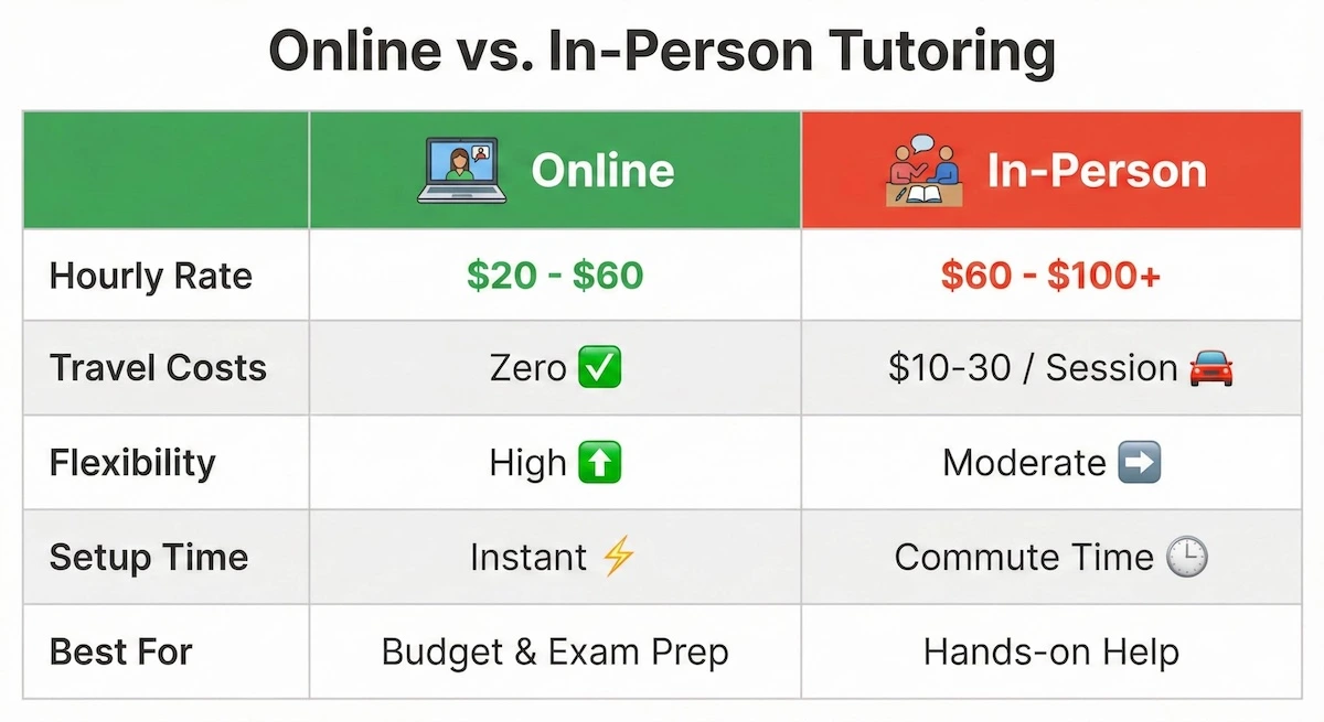 Comparison table of Online vs In-Person physics tutoring: Online offers lower rates ($20-60) and high flexibility, while In-Person costs more ($60-100+) with travel fees.