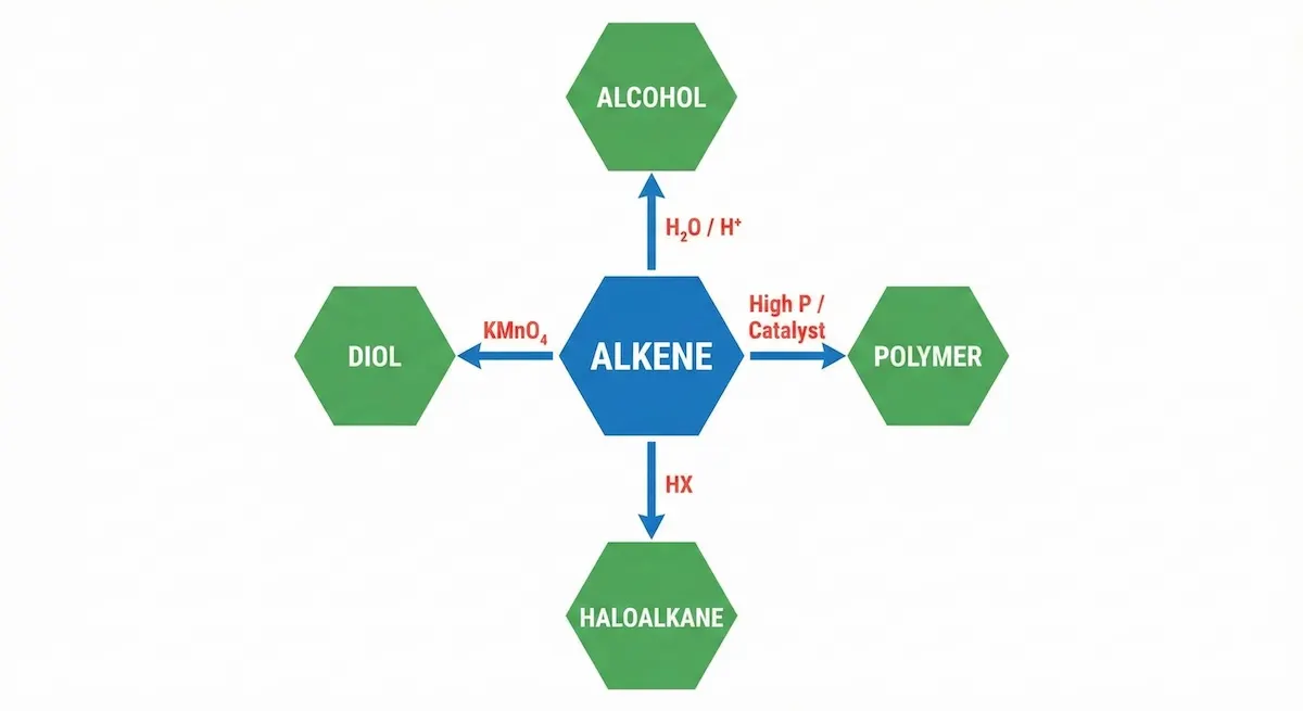 Organic chemistry spider map infographic showing Alkenes at the center with reaction pathways to Alcohols, Polymers, Haloalkanes, and Diols.