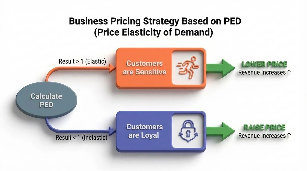 Price Elasticity of Demand decision tree showing when to raise or lower prices based on elastic vs inelastic demand results.