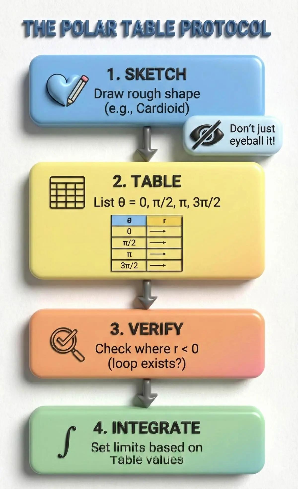 Step-by-step flowchart for finding polar integration limits: Sketch graph, Create table, Verify values, and Integrate correctly.