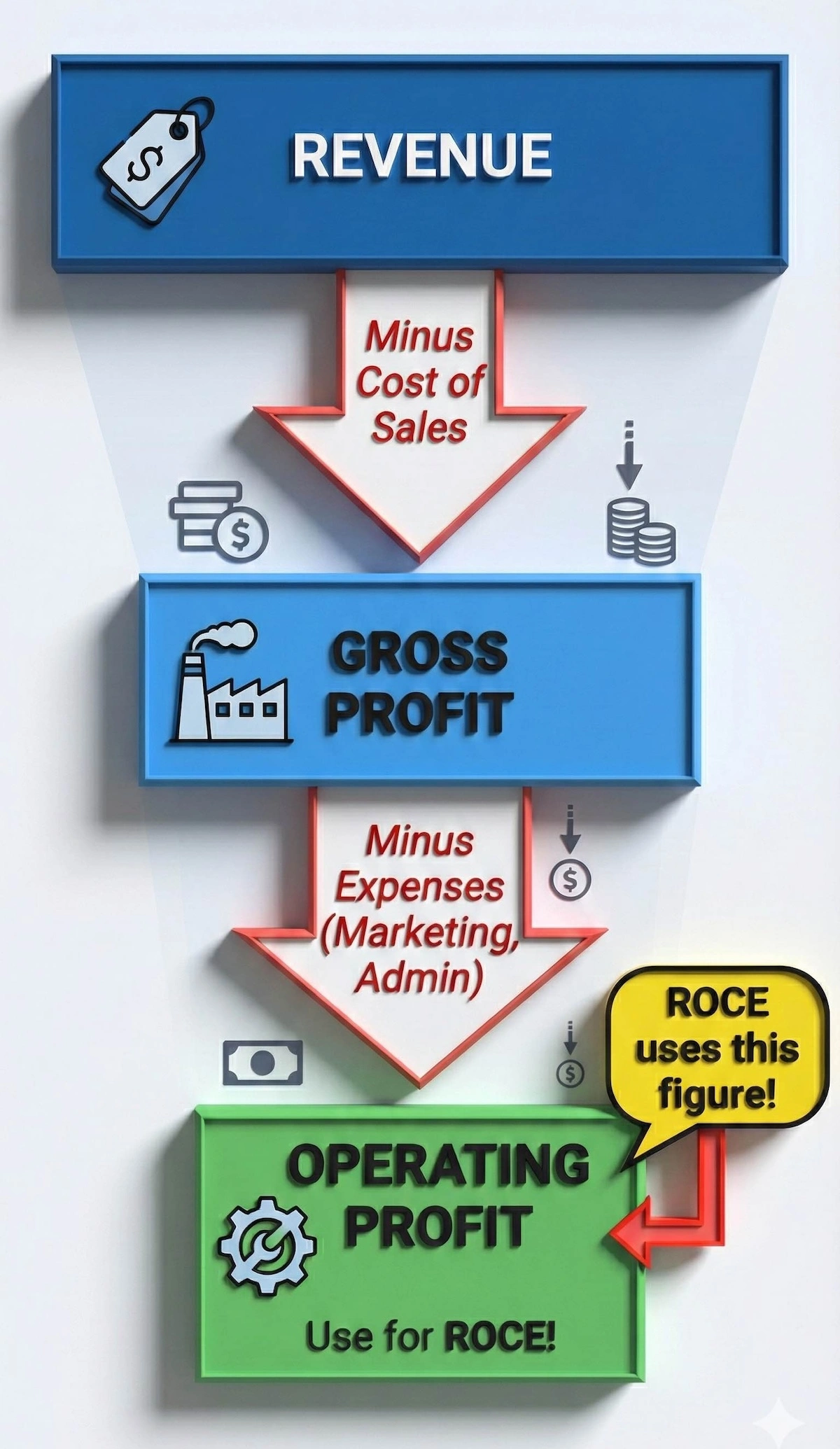 Profit funnel diagram showing Revenue minus Cost of Sales equals Gross Profit, minus Expenses equals Operating Profit for ROCE calculation.