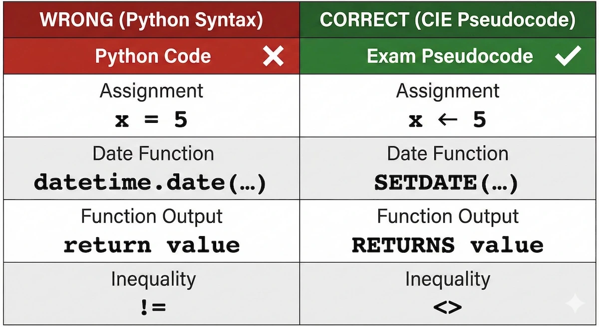 Comparison table showing correct CIE pseudocode syntax versus incorrect Python syntax for A-Level exams.