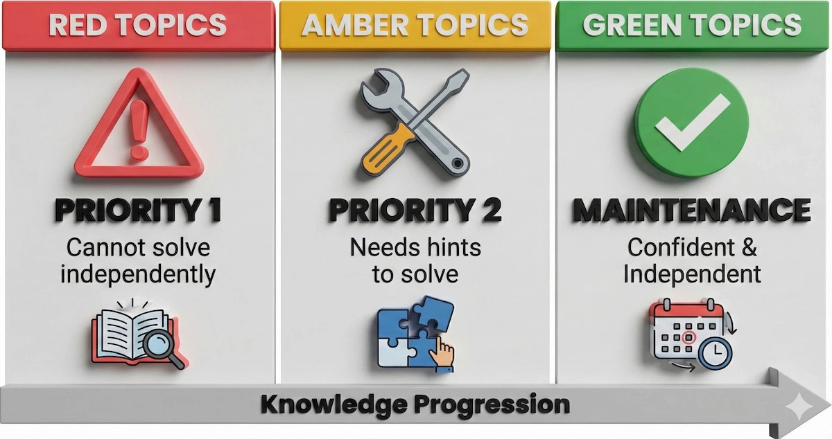 Infographic showing the RAG system for A-Level Maths revision: Red for weak topics (Priority 1), Amber for partial understanding, Green for mastered topics.