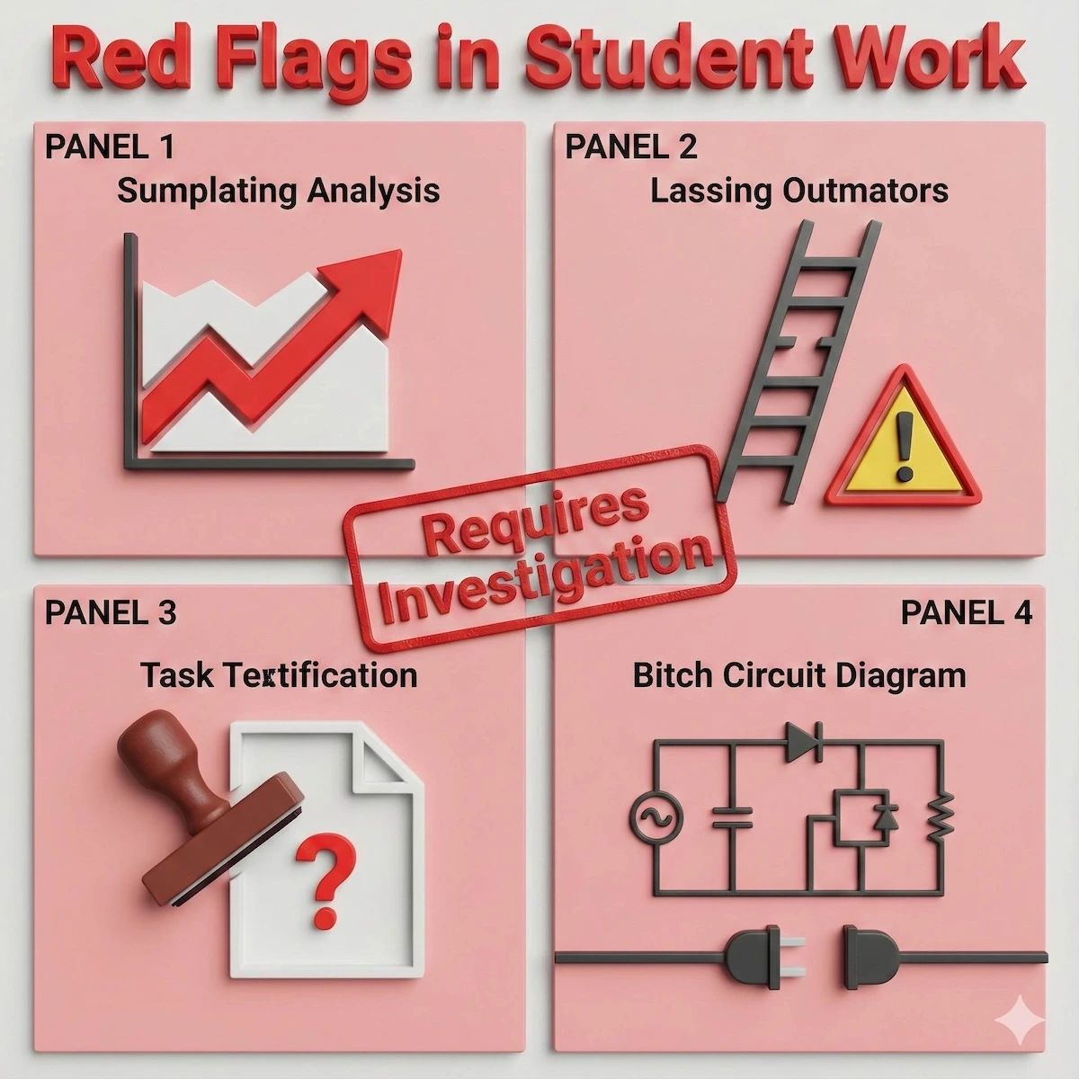 Infographic showing four signs of AI usage: sudden quality jumps, missing solution steps, generic answers, and context gaps.