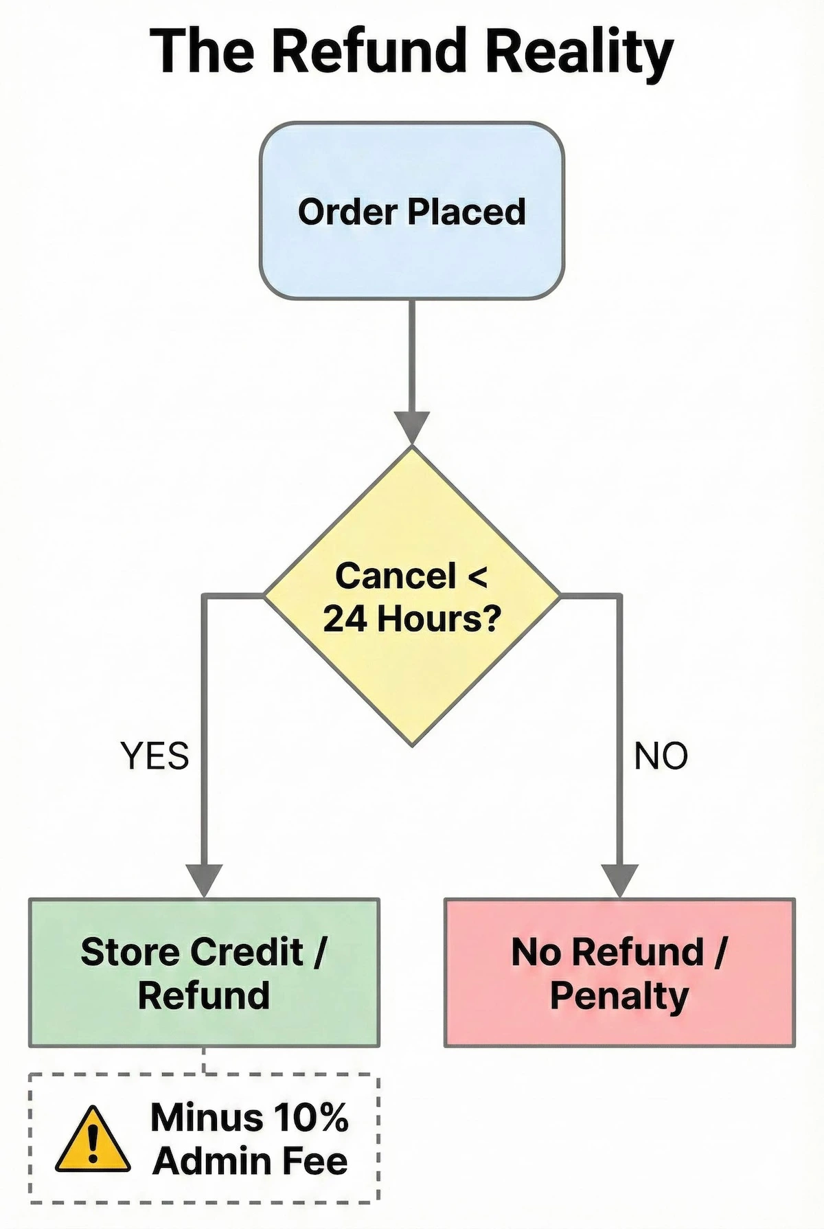 Flowchart of New Assignment Help refund policy showing 24-hour cancellation window and 10% administrative fee deduction.