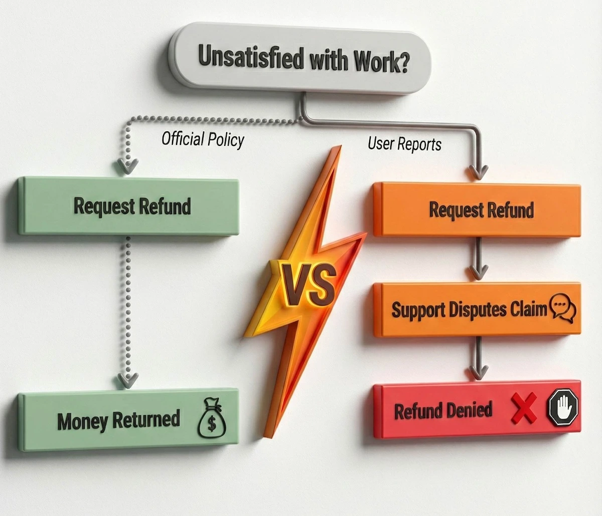 Flowchart contrasting the stated refund policy of All Assignment Experts versus the actual user experience of denied claims reported in reviews.