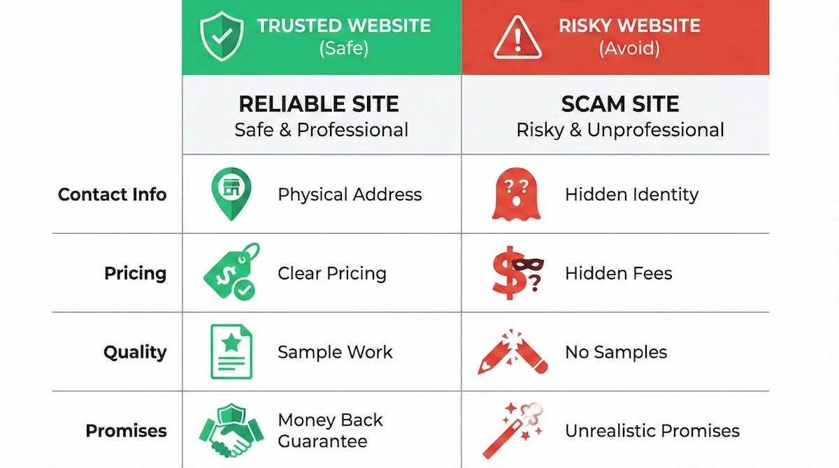 Comparison table showing differences between reliable homework help websites and scam sites, featuring indicators like physical address, clear pricing, and sample work.