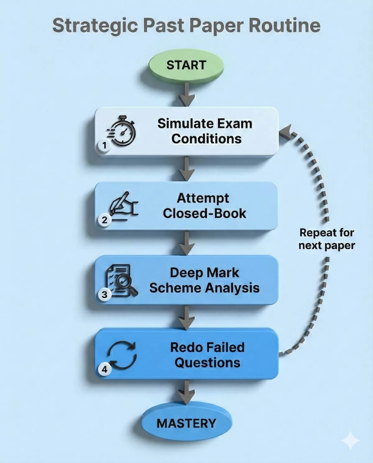 Flowchart showing the 4-step strategic past paper routine: simulate exam conditions, attempt closed-book, analyze mark schemes, and redo failed questions.