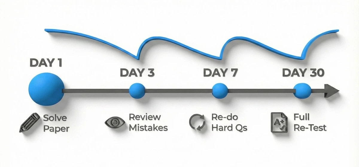 Spaced repetition timeline showing review intervals at Day 1, Day 3, Day 7, and Day 30 to maximize memory retention.