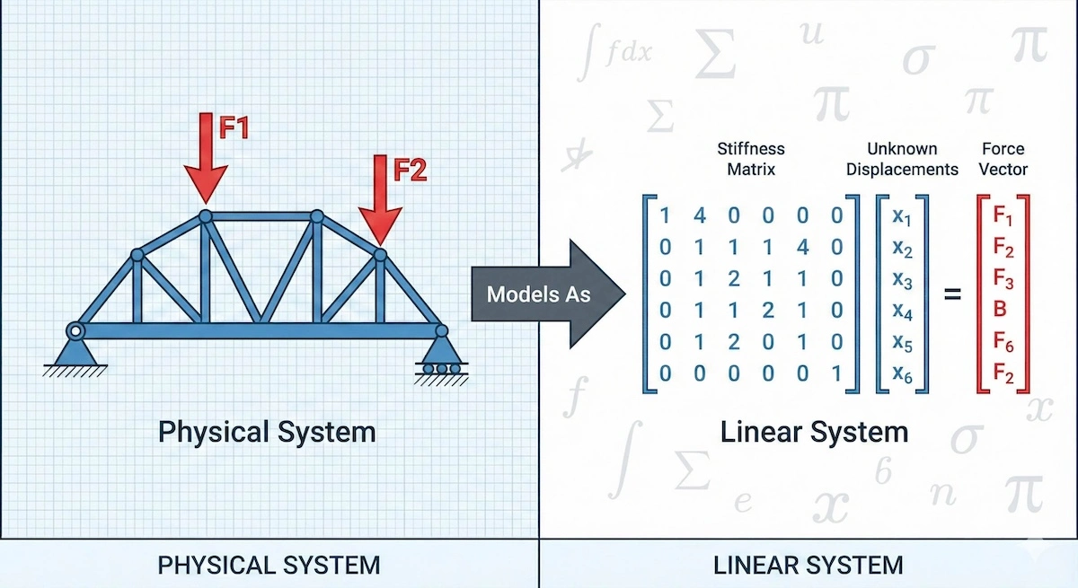Split-screen illustration showing how a physical engineering truss structure translates into a mathematical system of linear equations and matrices.