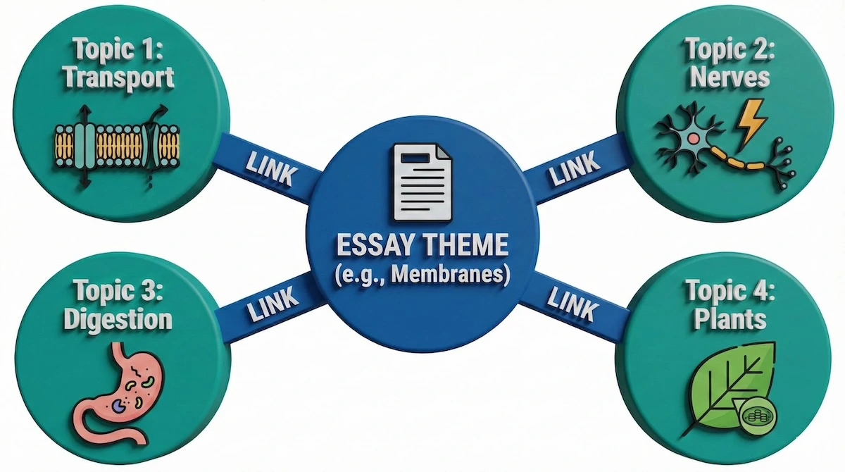 Synoptic essay structure diagram showing a central theme connecting to four distinct biology syllabus topics.