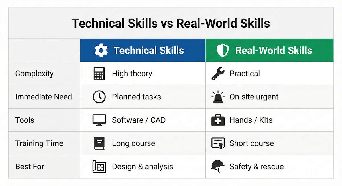 Side-by-side comparison table contrasting technical engineering skills with practical real-world skills and their best uses