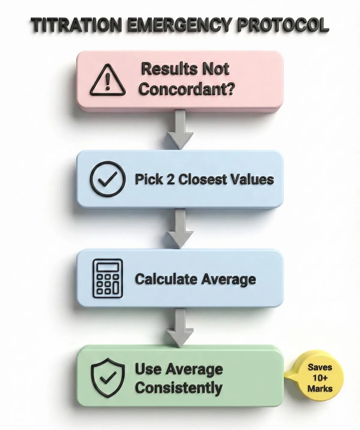 Flowchart for A Level Chemistry Paper 3 showing steps to salvage marks during a failed titration experiment using error carry forward.