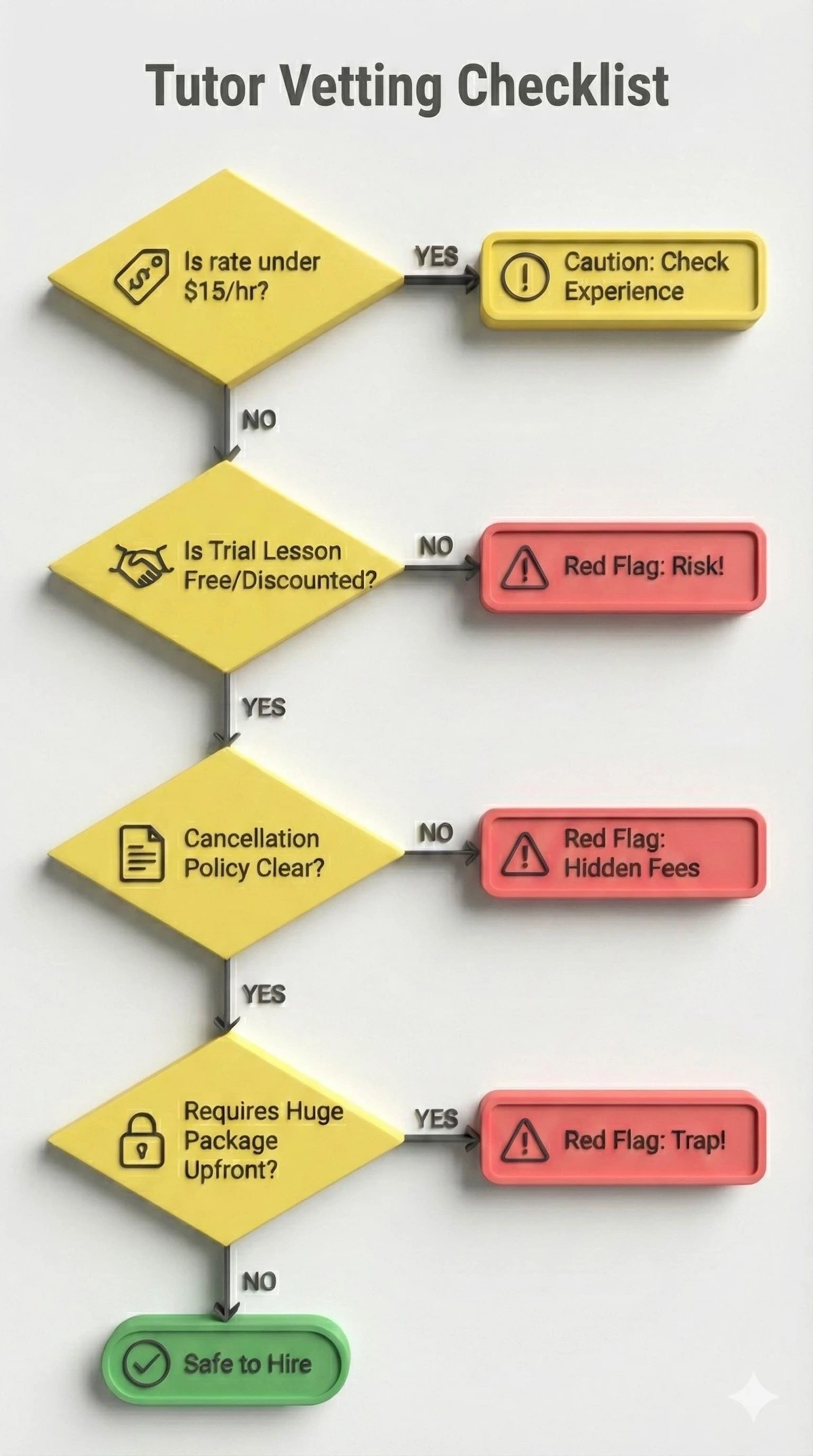 Flowchart checklist for vetting physics tutors: checks for low rates, trial lessons, cancellation policies, and package requirements to identify red flags.